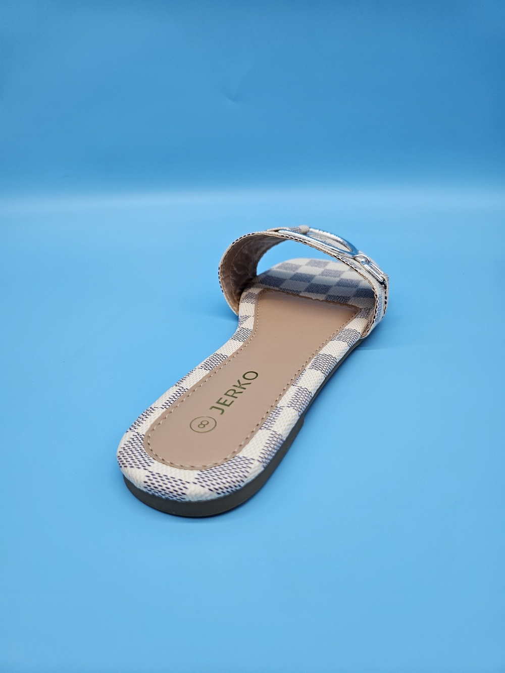 Beeko Women's Beige Check Slide Sandal with Silver Buckle - Picture 2 of 5